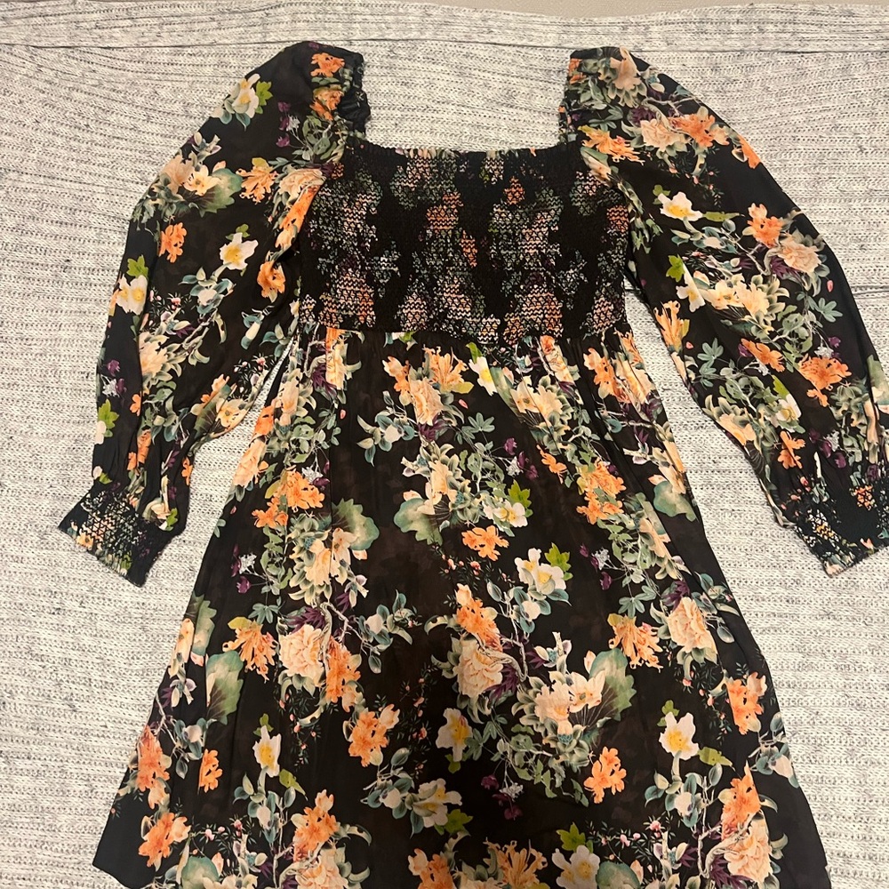 Alice + Olivia Black and Orange Smocked Sundress with Bishop Sleeves